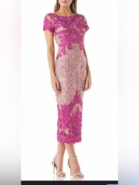 JS Collections Fuchsia and Blush Lace Appliqué Midi Dress